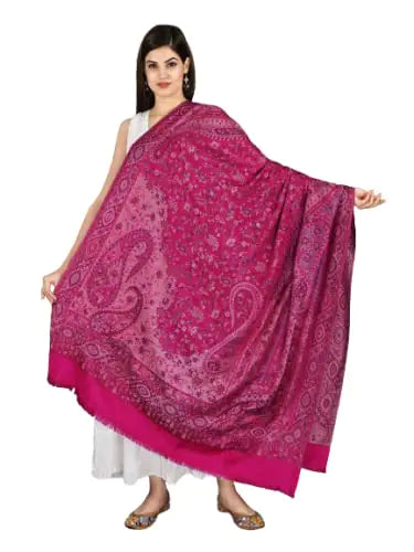 Exotic India Reversible Jamawar Shawl with Woven Paisleys - Wool (Very Berry)