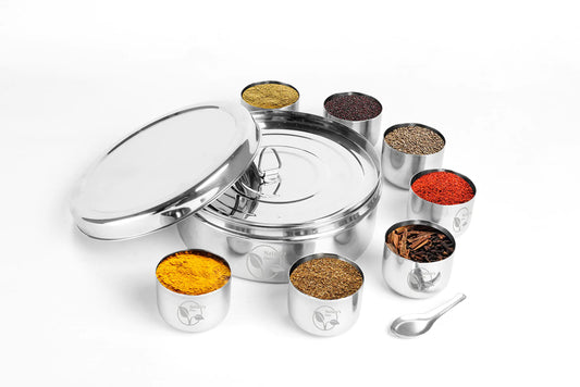 Masala Dabba Natures Own Stainless Steel Spice Box with 7 Compartments 2 Lids and Silver Mirror Polish | Masala Dabba with Individual Containers for Authentic Spices Durable and Stylish 16CM Masala Organizer